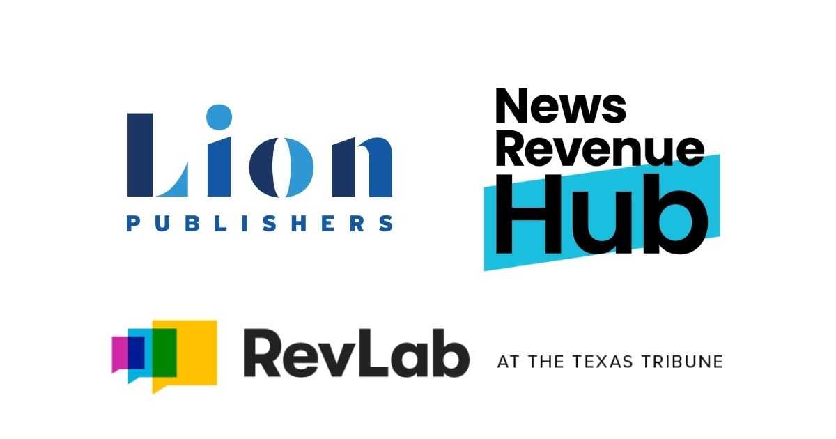 Independent News Sustainability Summit graphics Logos of LION Publishers, News Revenue Hub, and RevLab at The Texas Tribune