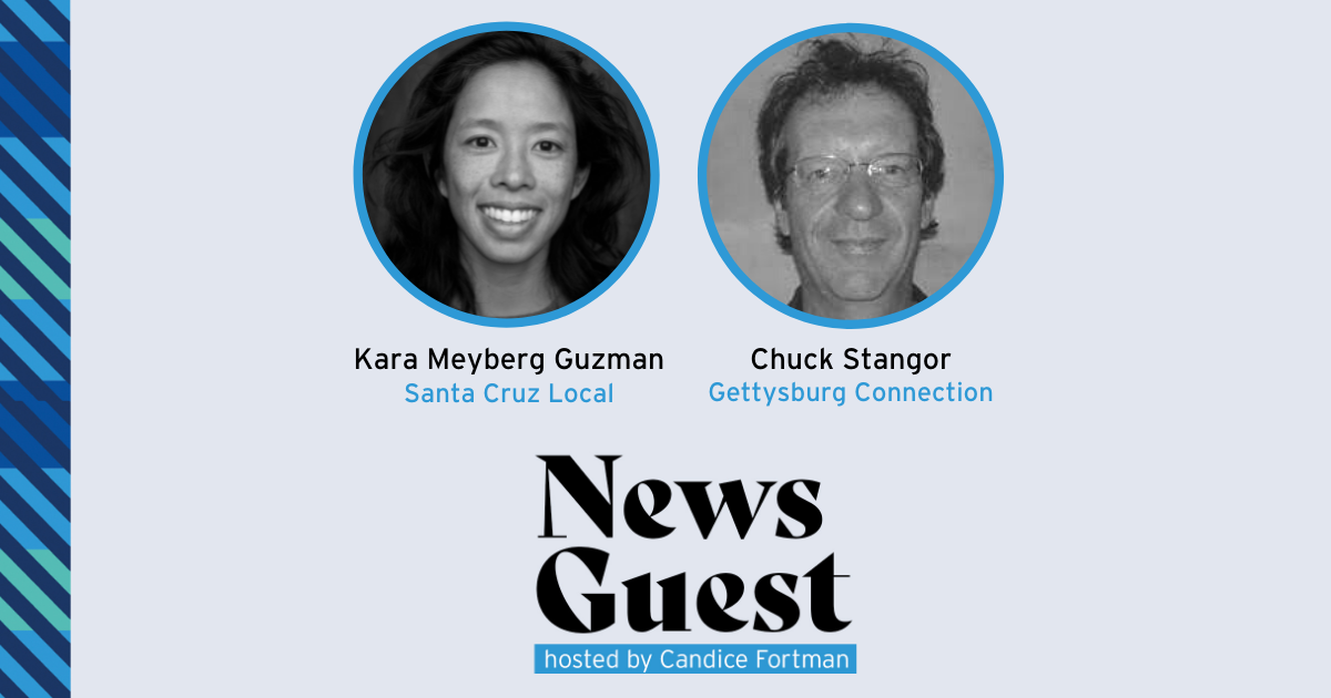 News Guest Ep. 11 header Photos of Kara Meyberg Guzman and Chuck Stangor, the guests on this episode of News Guest