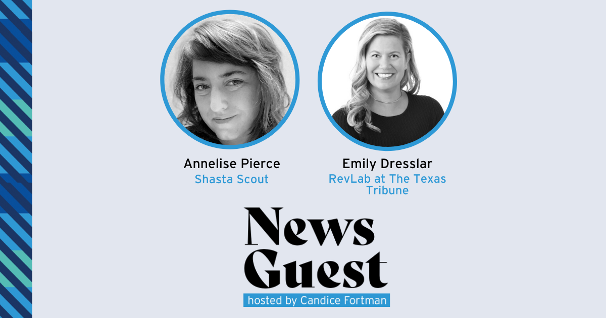 News Guest images (15) A graphic with photos of this podcast episode’s guests, Shasta Scout founder Annelise Pierce and RevLab director Emily Dresslar
